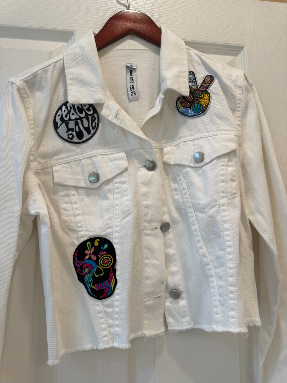 White Patch work Denim Jacket with Colorful Patch Accents